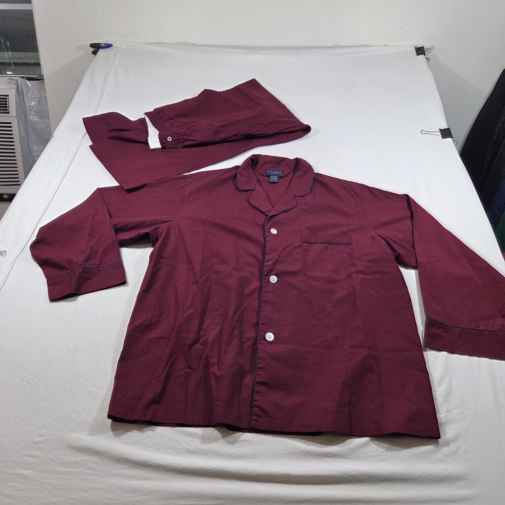 Van Heusen Pjs Pajamas Men's Burgundy Shirt Button Down Long Sleeve Pants Cotton - Picture 1 of 10